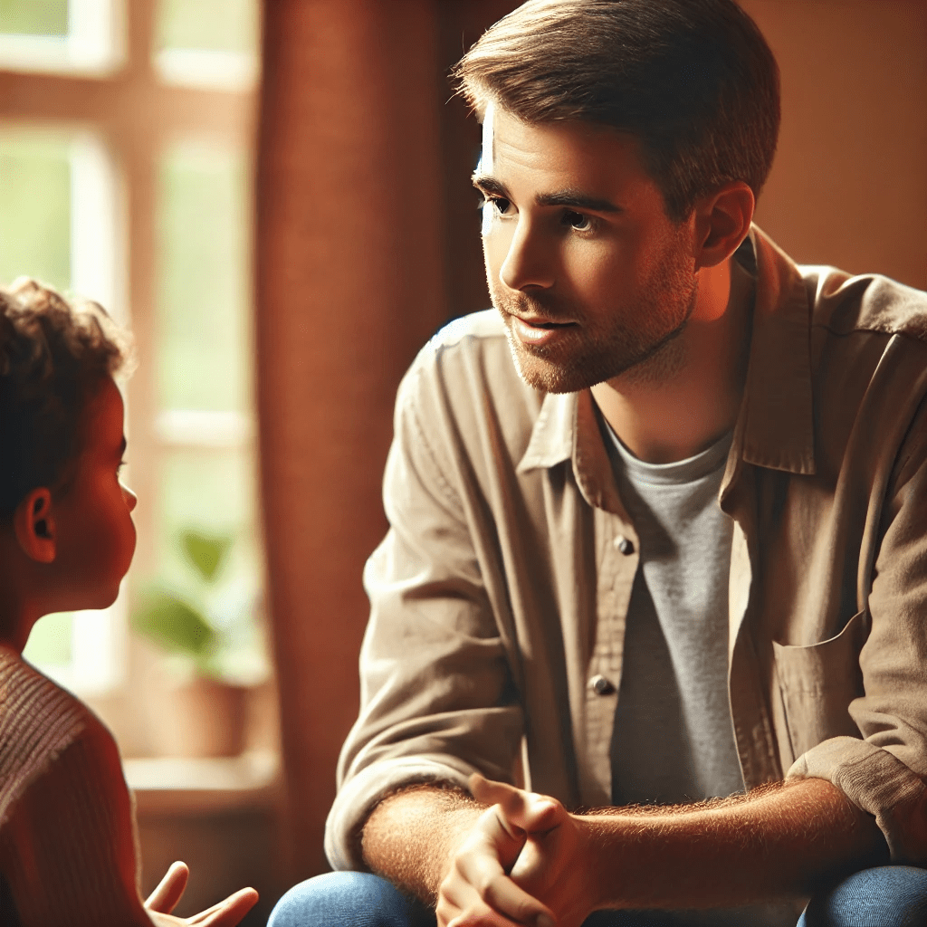 How to Win a 51A Hearing in Massachusetts: DCF Defense Lawyer Tips 7 A caring adult talking to a child, providing reassurance and support in a home setting. The adult looks attentive and empathetic, while the child looks comforted.